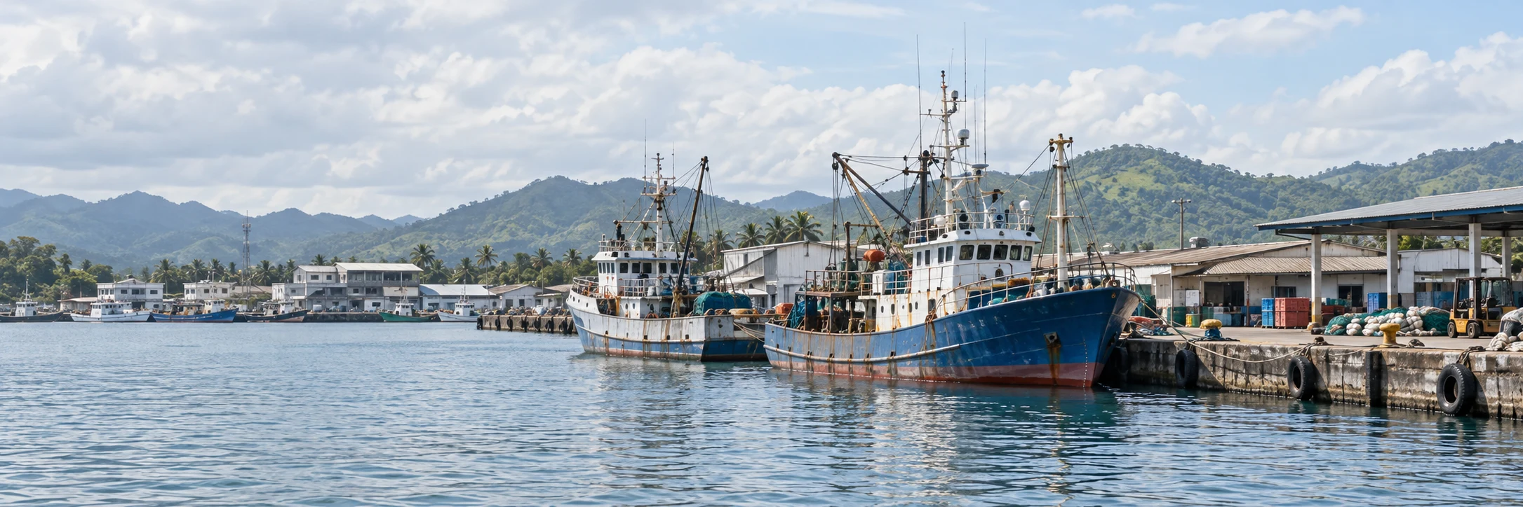 Illustrative fishing harbor with moored vessels, a working quay and green coastal hills